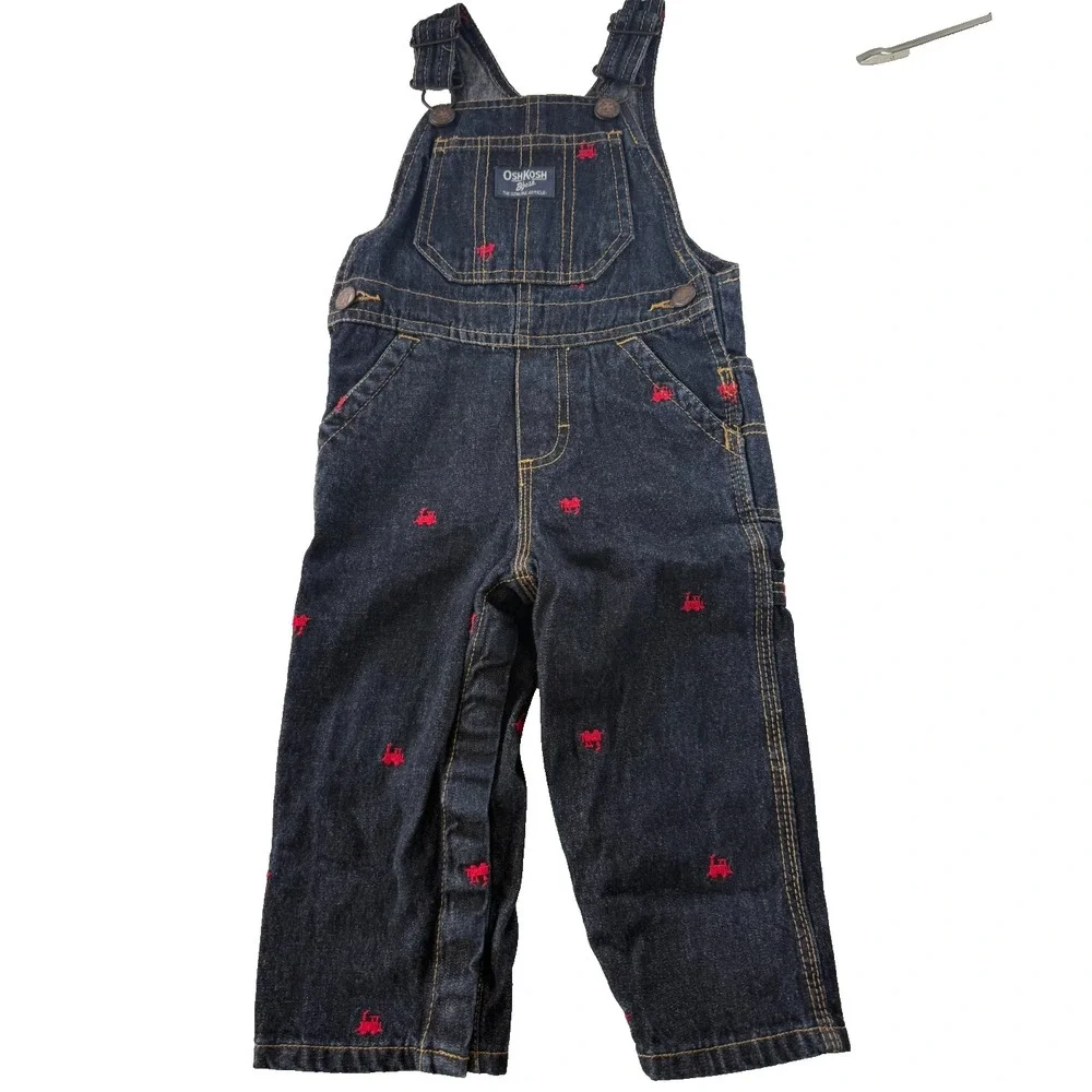 OshKosh‎ B'gosh Kids Denim Vestbak Overalls Red Train Embroidered 18 mos